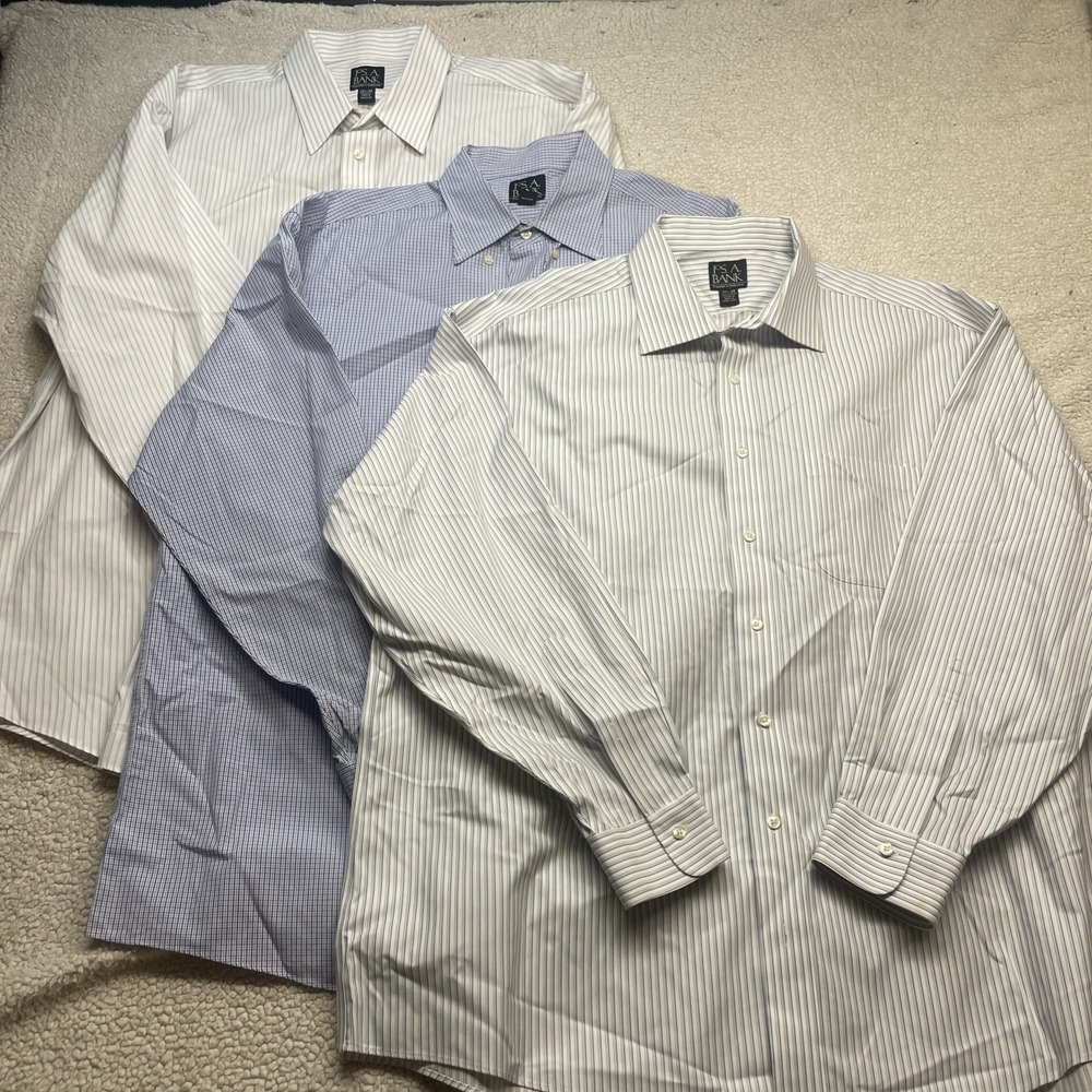 Jos. A. Bank Dress Shirt Mens 17.5 35 Blue White Traveler Lot 3 Stripe Grid